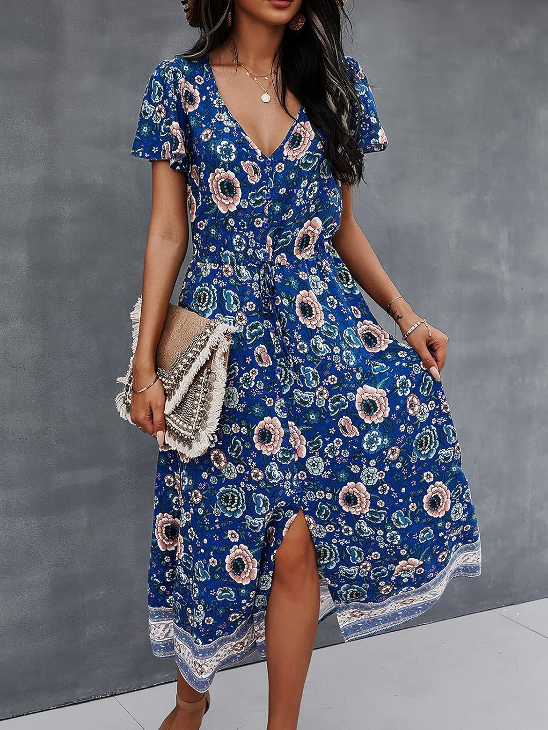 Women'S Dress Bohemian Short Sleeve Summer V-Neck Split Floral Printed Casual Maxi Dresses for Beach Party Blue XL