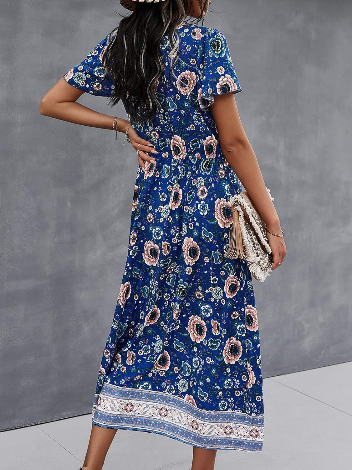 Women'S Dress Bohemian Short Sleeve Summer V-Neck Split Floral Printed Casual Maxi Dresses for Beach Party Blue XL