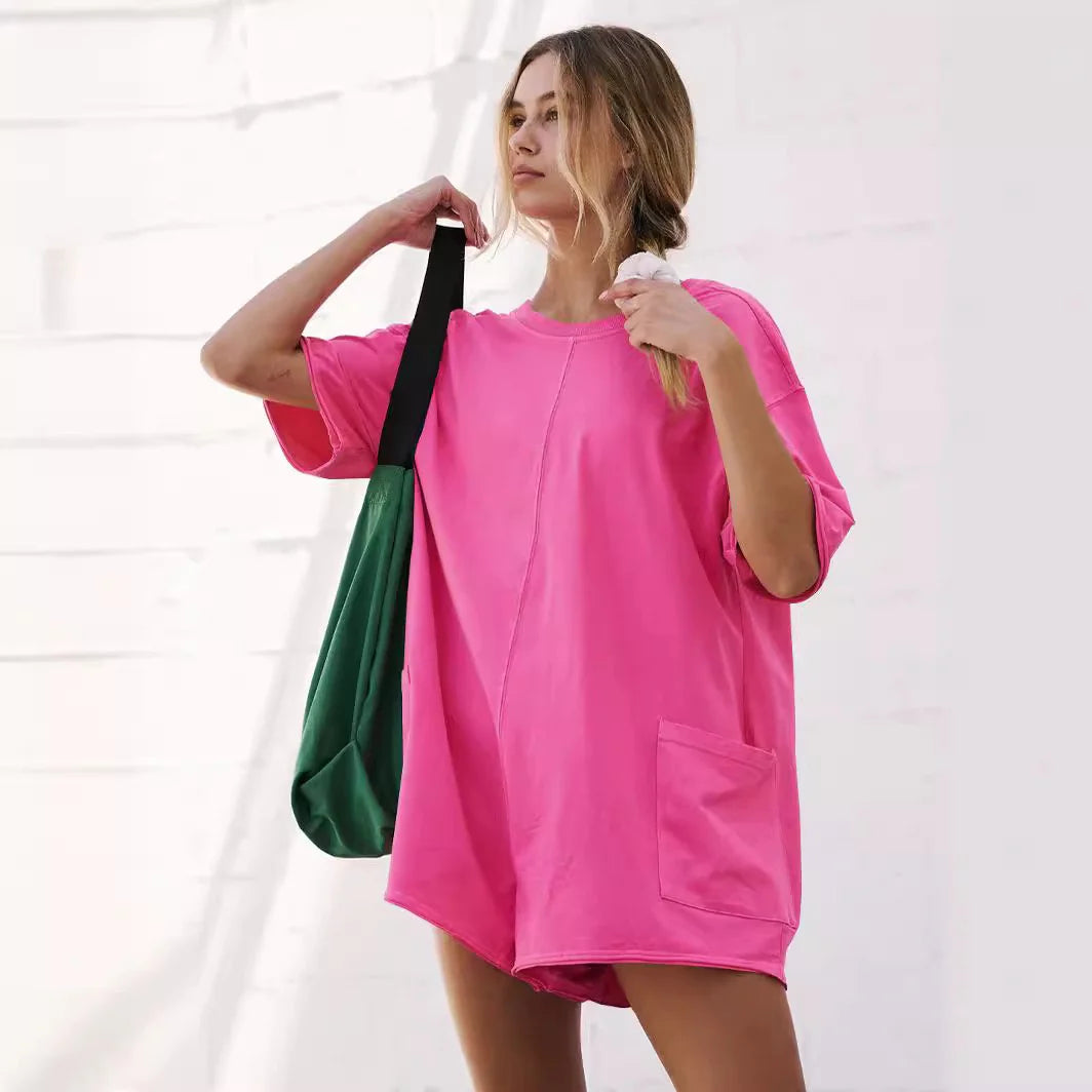 Women Short Sleeve Oversized Rompers With Deep Pockets