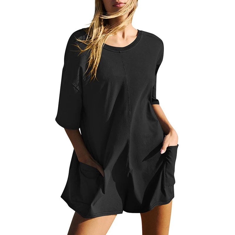 Women Short Sleeve Oversized Rompers With Deep Pockets