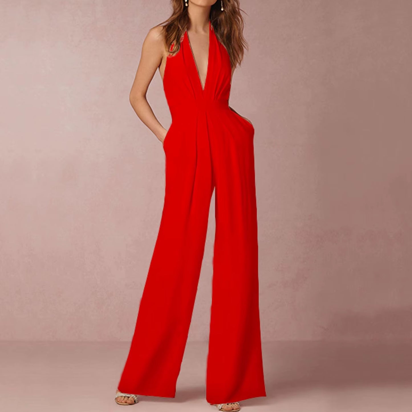 Women Halterneck Trousers with Pockets Jumpsuit Ropa Dama