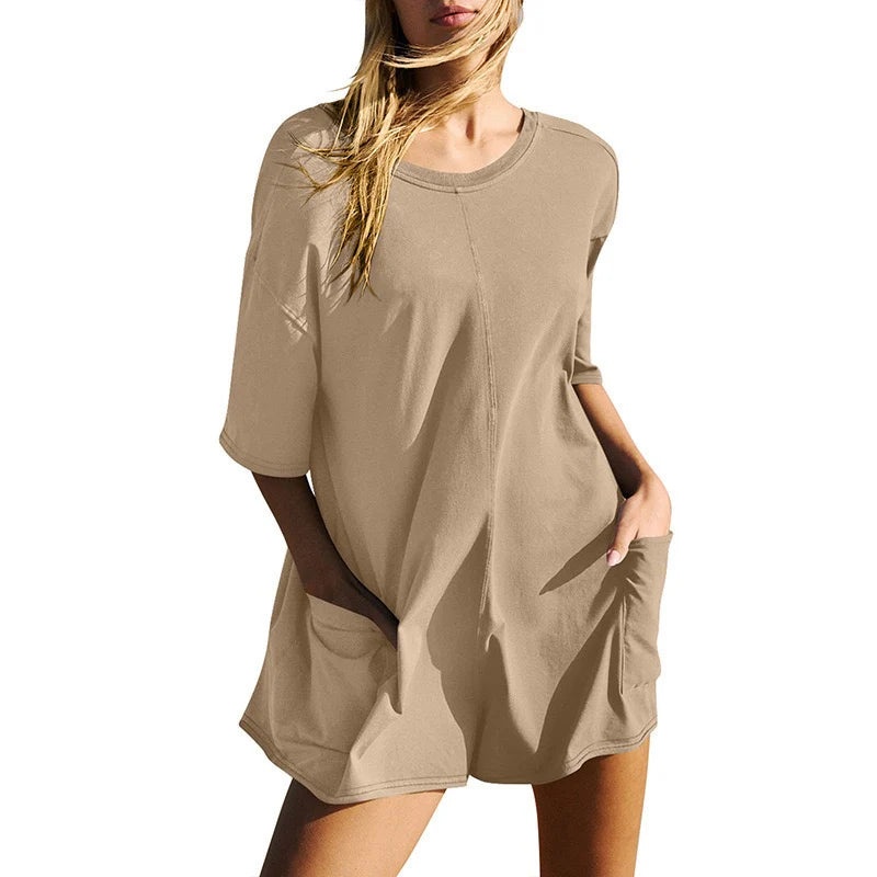 Women Short Sleeve Oversized Rompers With Deep Pockets