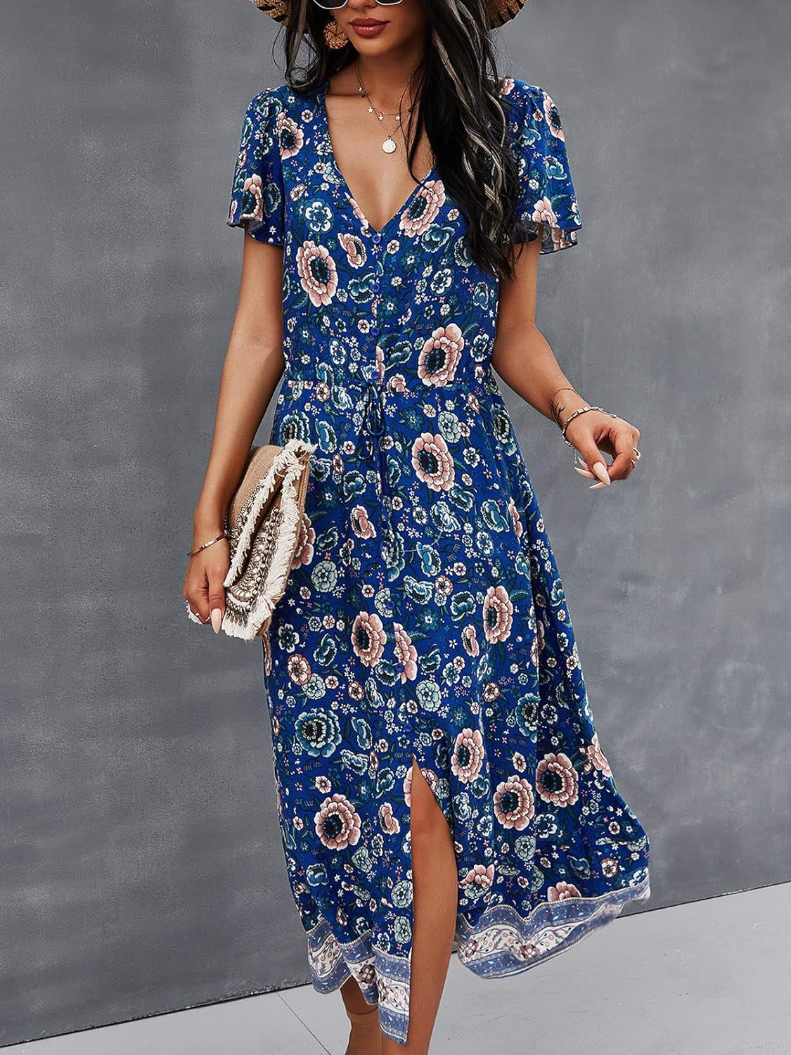 Women'S Dress Bohemian Short Sleeve Summer V-Neck Split Floral Printed Casual Maxi Dresses for Beach Party Blue XL