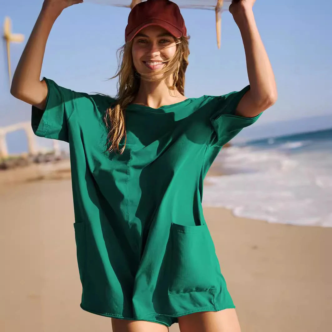 Women Short Sleeve Oversized Rompers With Deep Pockets