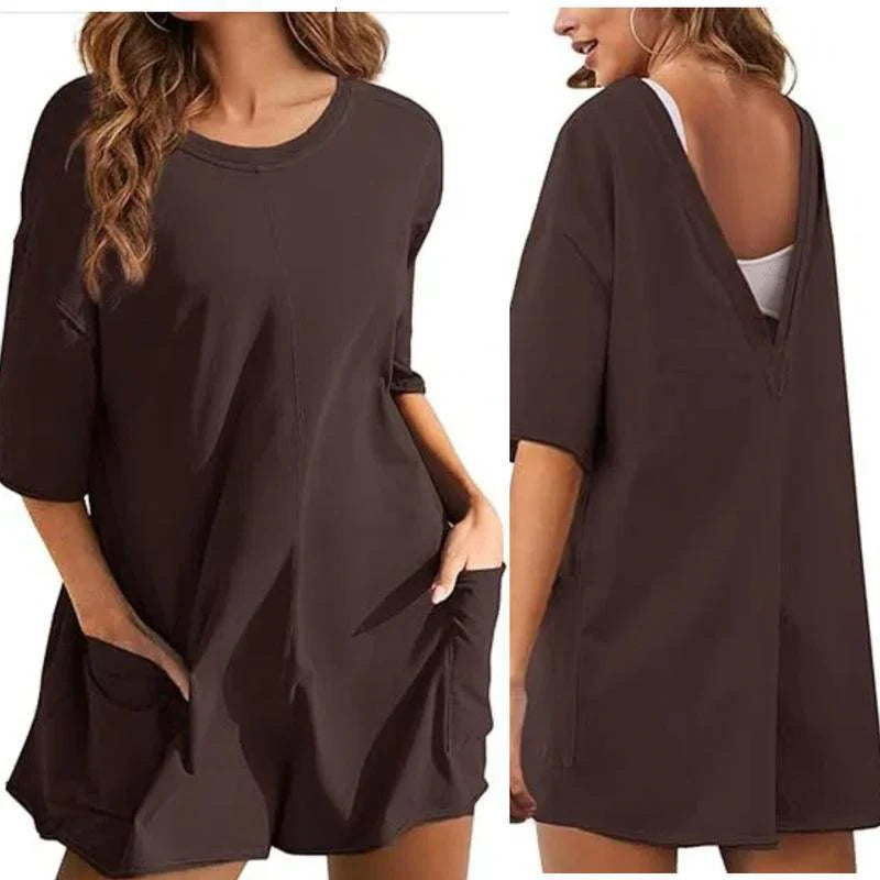 Women Short Sleeve Oversized Rompers With Deep Pockets