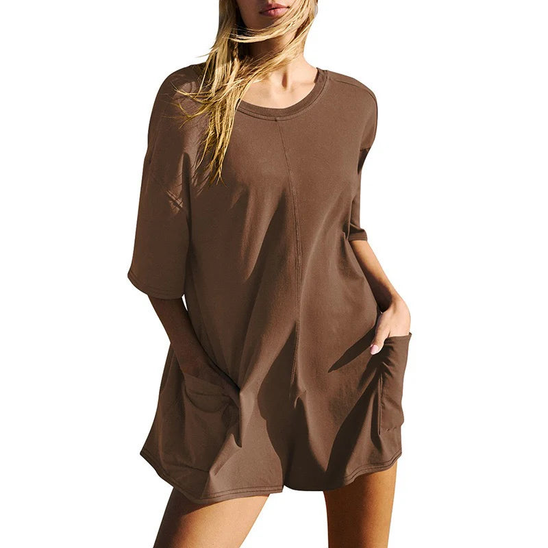 Women Short Sleeve Oversized Rompers With Deep Pockets