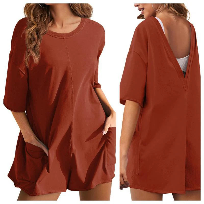 Women Short Sleeve Oversized Rompers With Deep Pockets