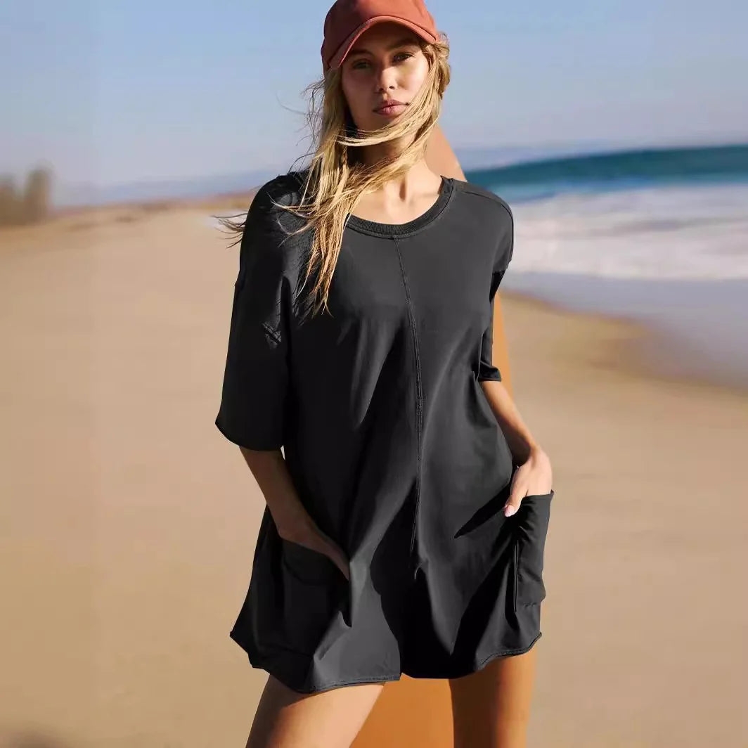 Women Short Sleeve Oversized Rompers With Deep Pockets