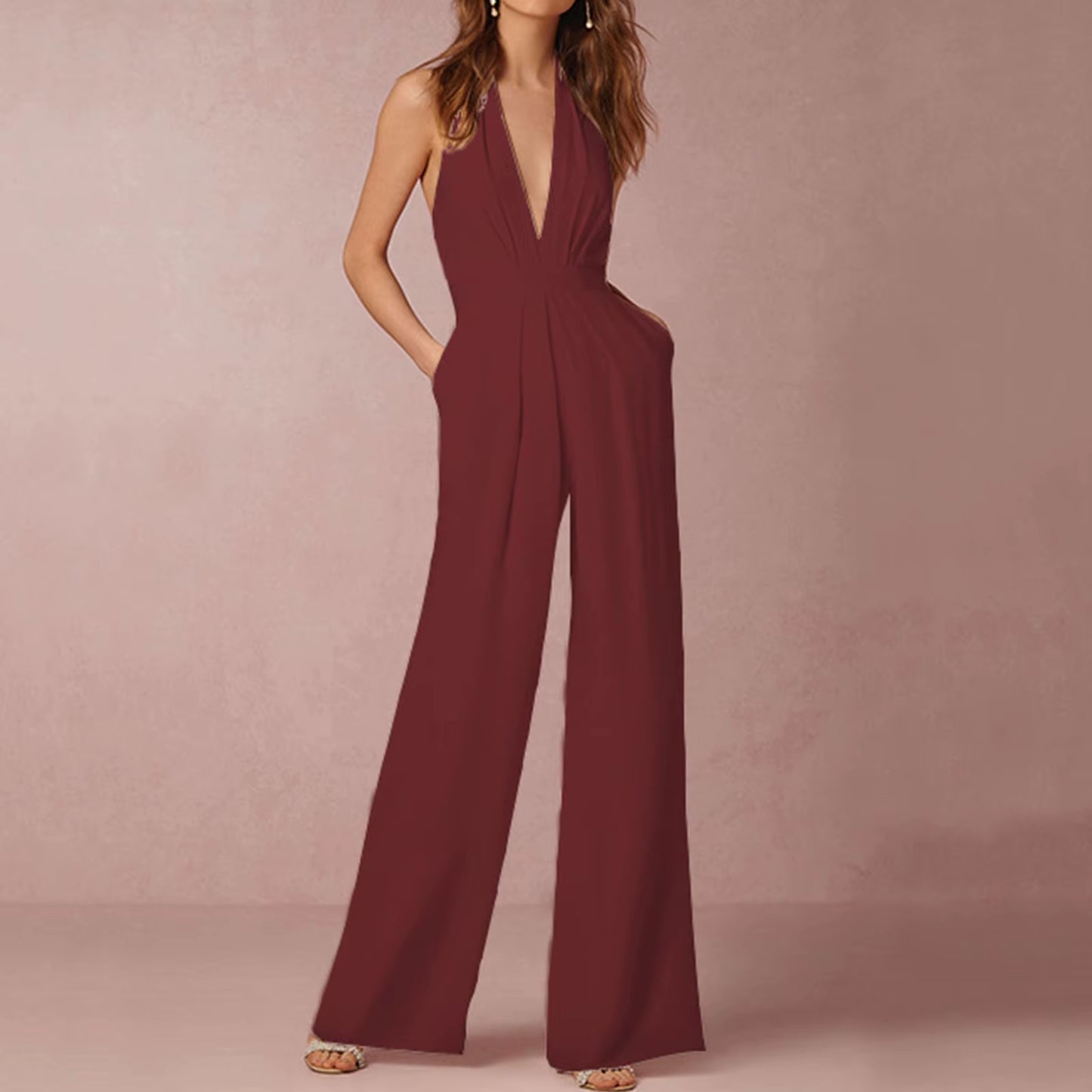 Women Halterneck Trousers with Pockets Jumpsuit Ropa Dama