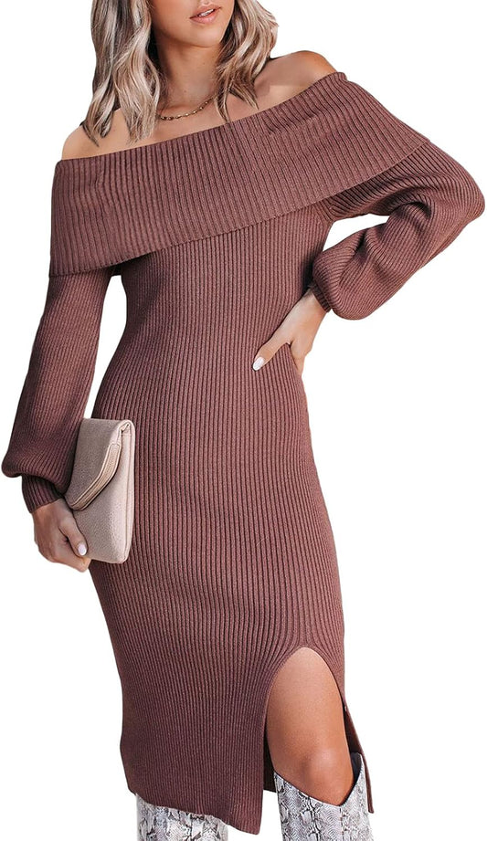 Women'S Long Sweater Dress off Shoulder Balloon Sleeve Knitted Dress S Brown