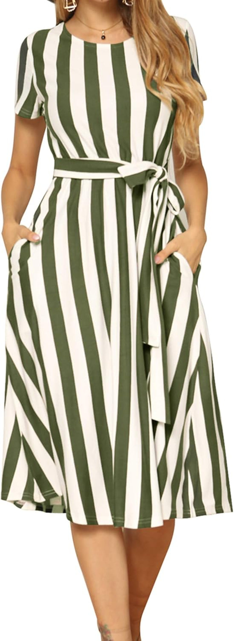 Women'S Short Sleeve Striped Casual Flowy Midi Belt Dress with Pockets