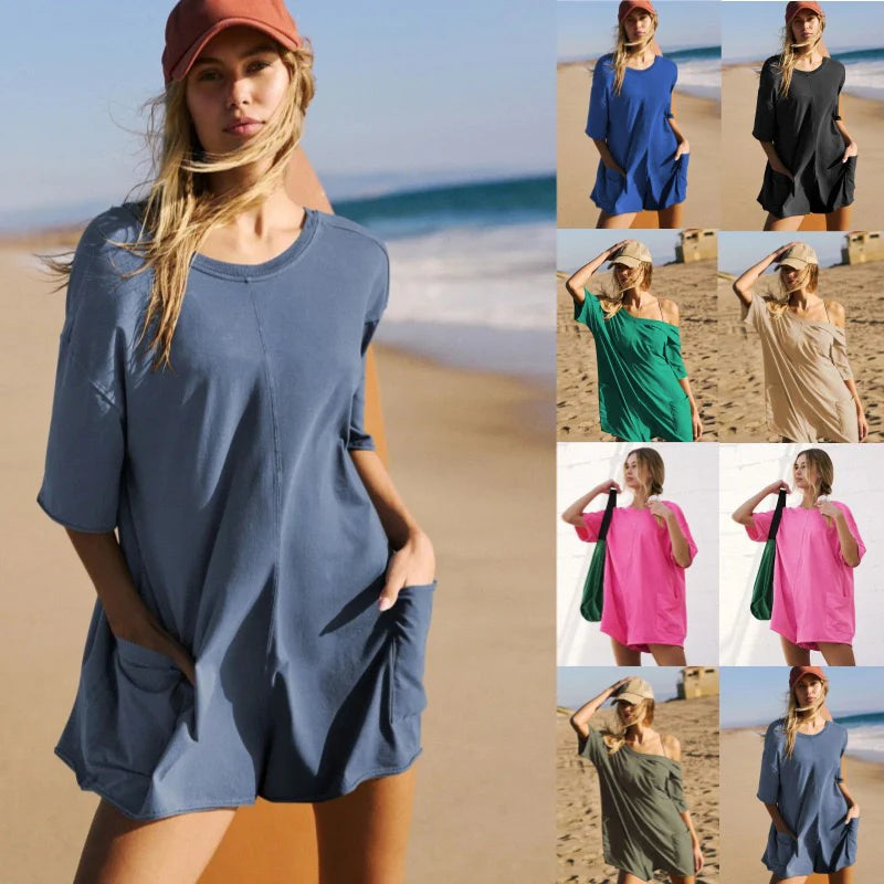 Women Short Sleeve Oversized Rompers With Deep Pockets