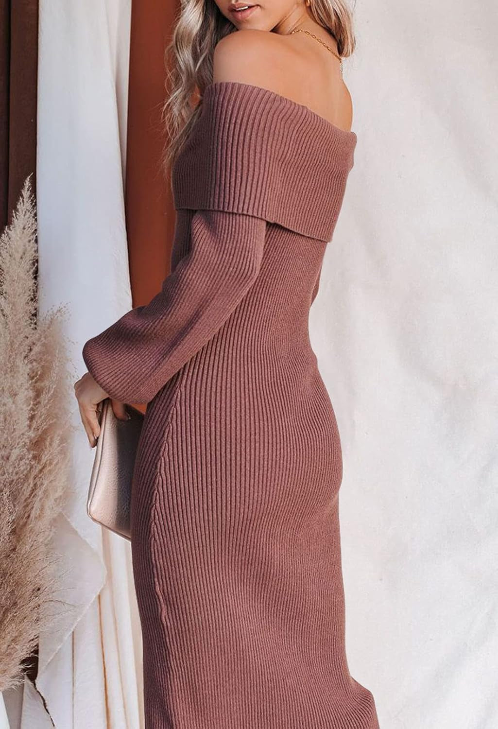 Women'S Long Sweater Dress off Shoulder Balloon Sleeve Knitted Dress S Brown