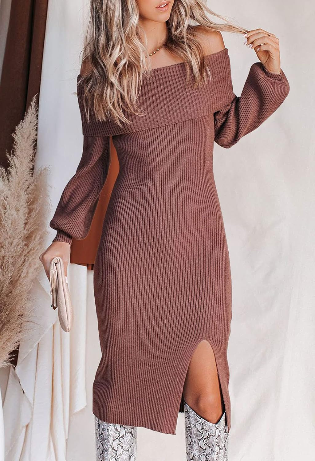 Women'S Long Sweater Dress off Shoulder Balloon Sleeve Knitted Dress S Brown