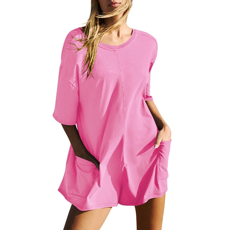 Women Short Sleeve Oversized Rompers With Deep Pockets