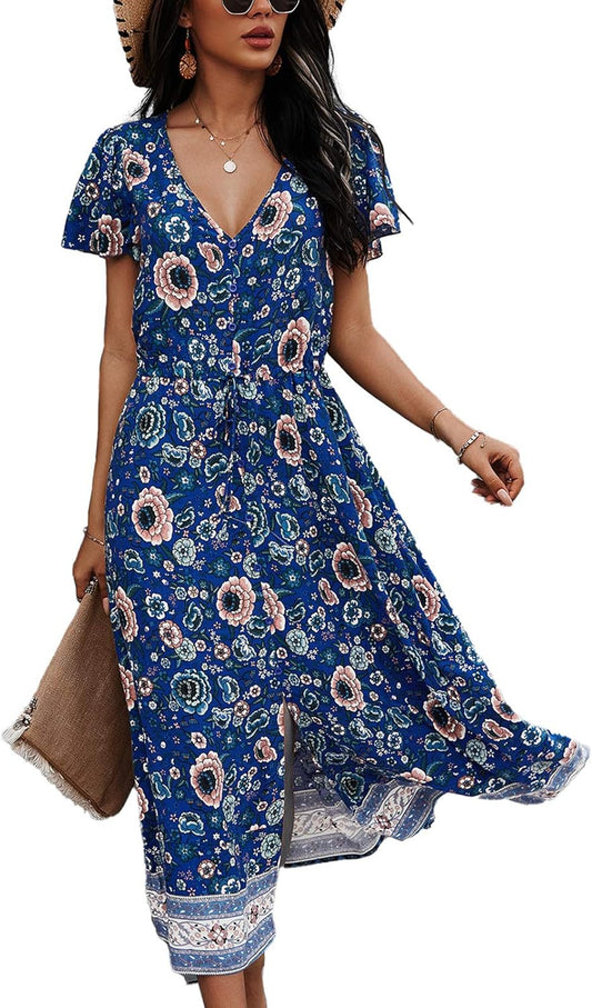 Women'S Dress Bohemian Short Sleeve Summer V-Neck Split Floral Printed Casual Maxi Dresses for Beach Party Blue XL