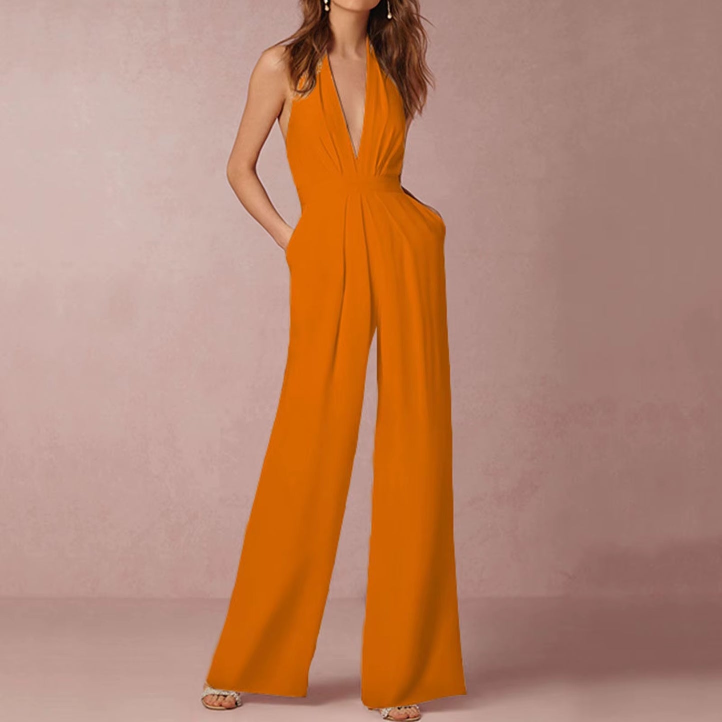 Women Halterneck Trousers with Pockets Jumpsuit Ropa Dama