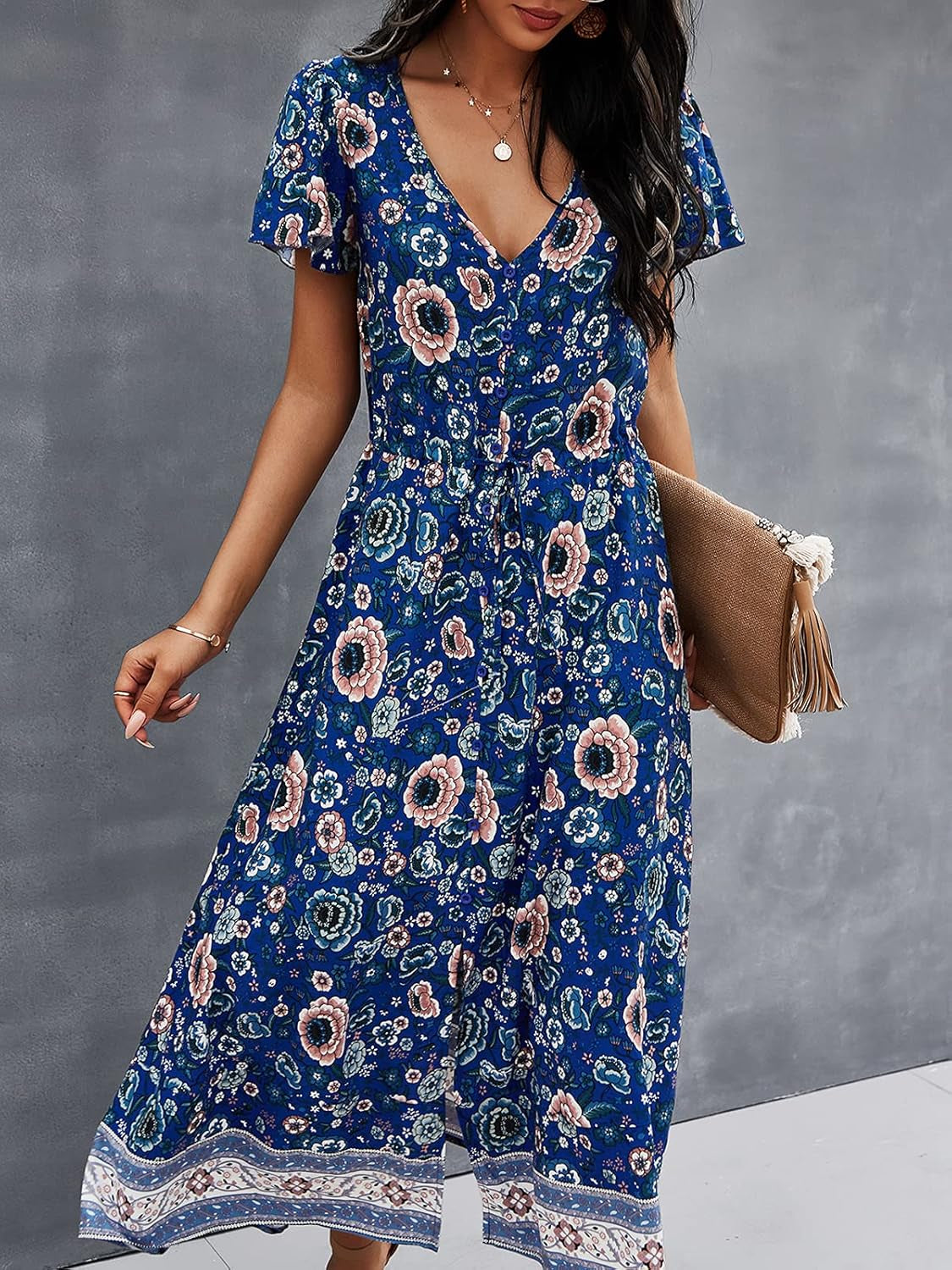 Women'S Dress Bohemian Short Sleeve Summer V-Neck Split Floral Printed Casual Maxi Dresses for Beach Party Blue XL