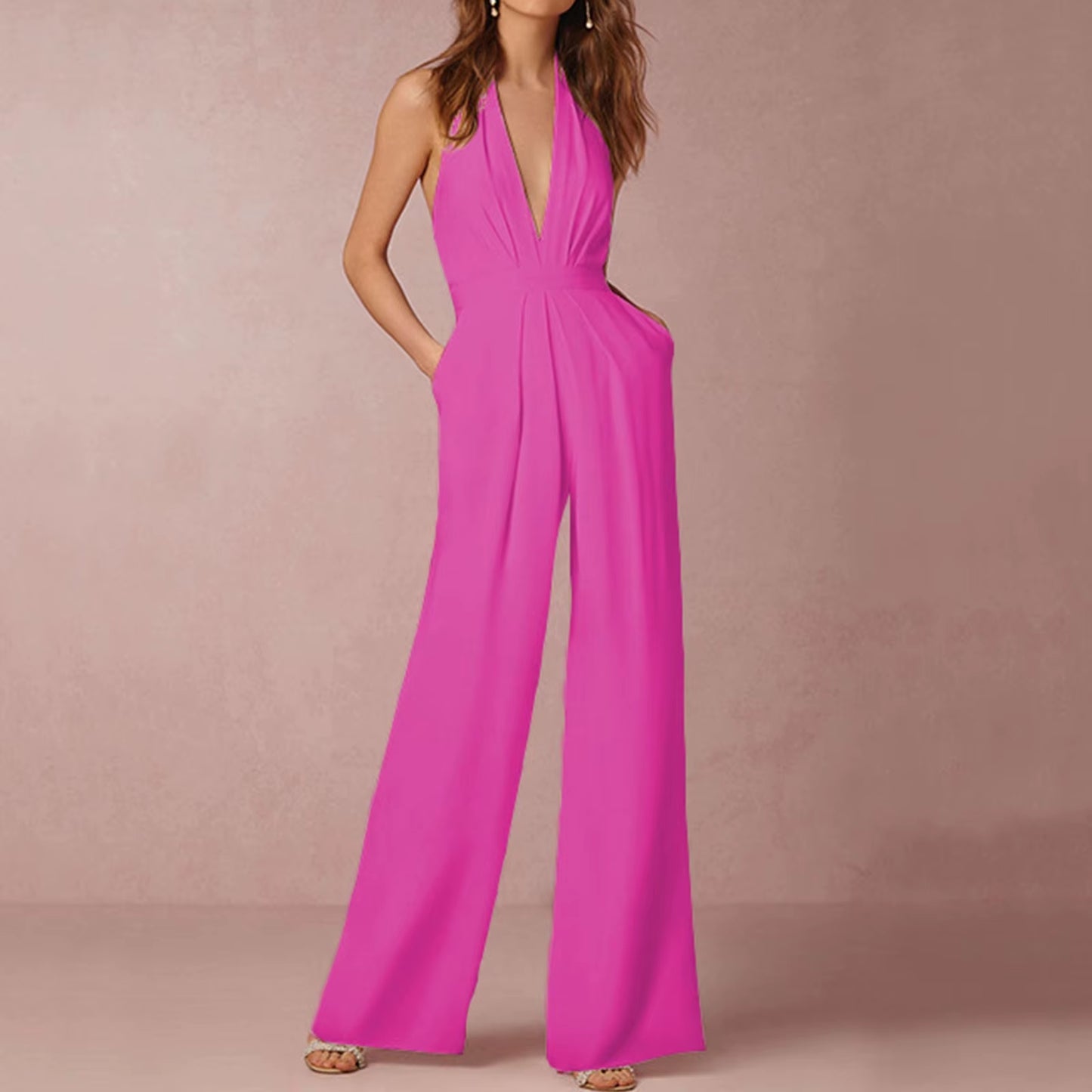 Women Halterneck Trousers with Pockets Jumpsuit Ropa Dama